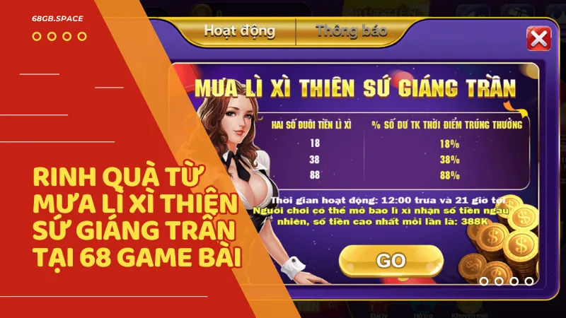 Mưa lì xì thiên sứ giáng trần là sự kiện đơn giản dễ chơi và dễ trúng thưởng dành cho mọi người chơi tại 68 game bài